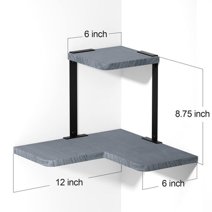 SRIWATANA Rustic Corner Shelf, 2-Tier Wood Wall Shelf, Wall Mounted Storage Shelves for Bedroom, Living Room, Bathroom, Weathered Grey