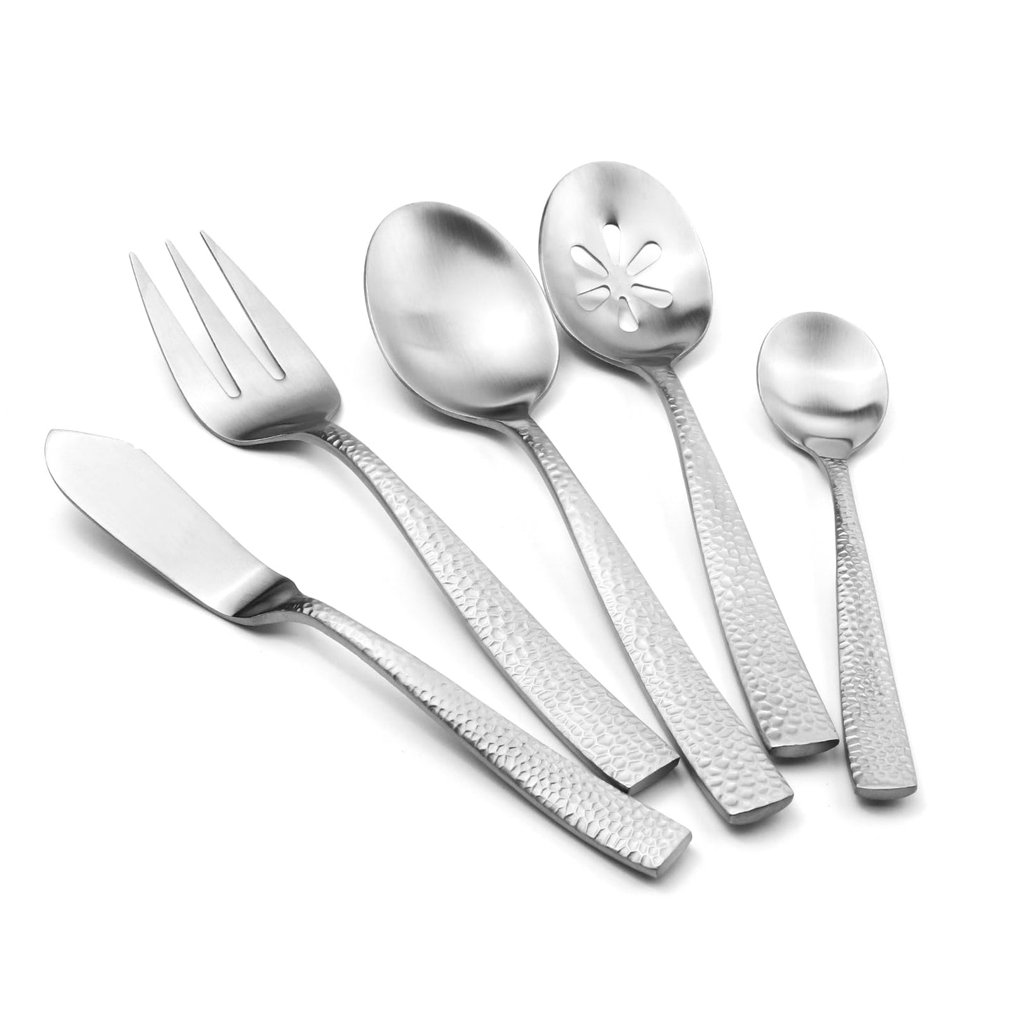 Kelenfer Stainless Steel Silverware Serving Set Hammered Silver Matte Finished 5 Piece Serving Utensil Set Flatware Set
