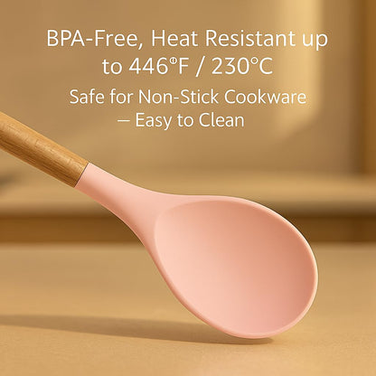 19-Piece Pink Kitchen Set for First Apartment - Complete Silicone Cooking Utensils with Wooden Handles, Pink Knife Set, Cutting Board & Holder - All-in-One Kitchen Starter Kit for New Home, BPA-Free