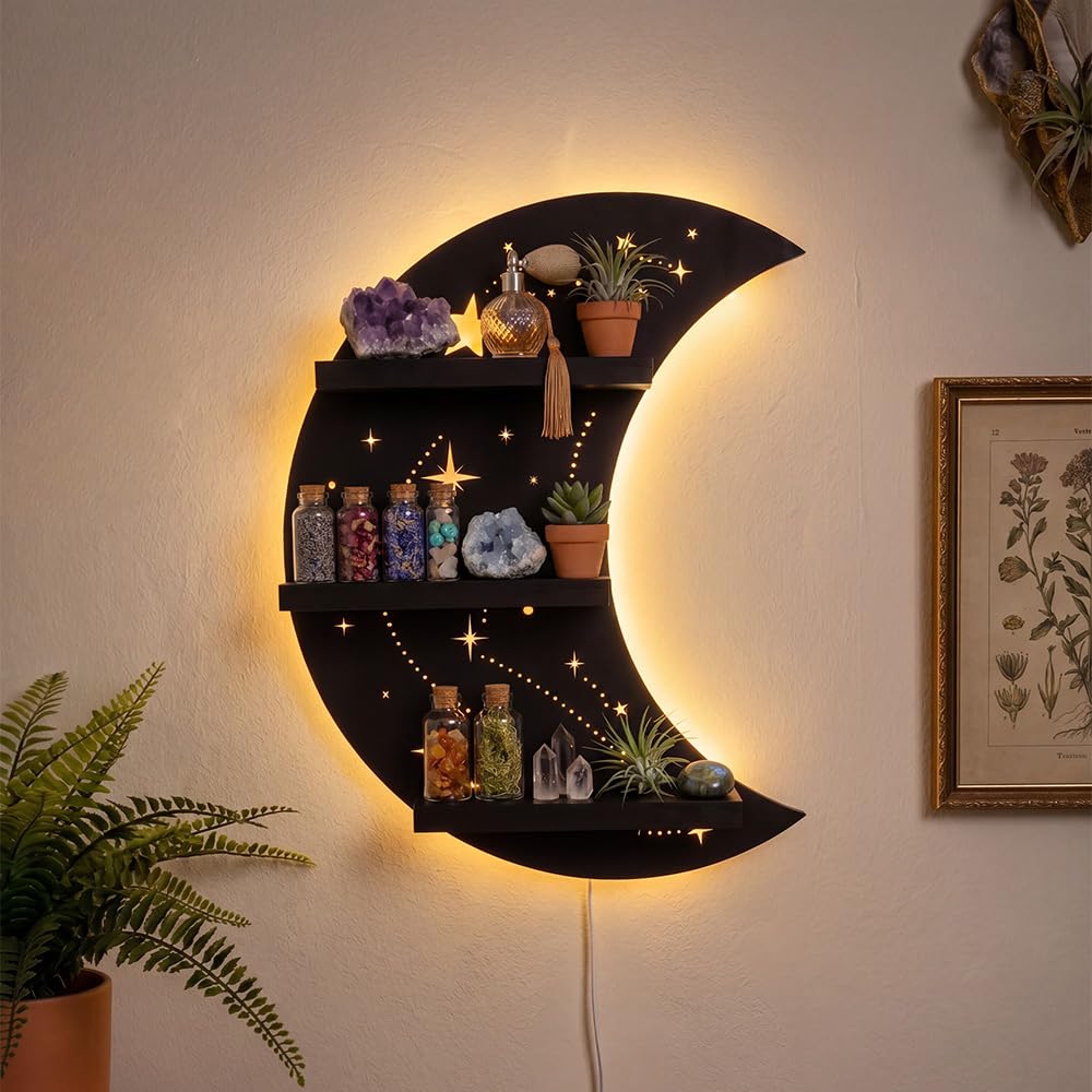 FNYDOX Crescent Moon Shelf with LED Light, Trinket Shelf & Moon Wall Light for Rocks Gems Healing Stones Crystals Display Shelf, Celestial Decor Crystal Holder Witchy Wall Decor