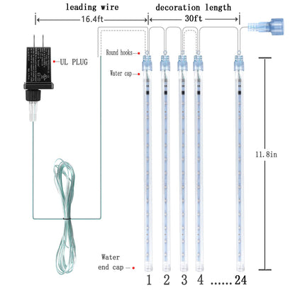 Kwaiffeo Christmas Lights Outdoor, 24 Tubes(Equivalent to 3 Sets of 8-Tubes) Meteor Shower Light Snow Falling Icicle Lights for Xmas Tree Halloween Decoration Wedding Party Window, UL Plug, White