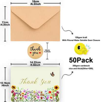 50 Pack 350GSM | Thank You Gifts | Thank You Cards with Envelopes | Small & Baby Shower & Wedding Thank You Cards | Thank You Notes & Cards for Teacher, Graduation, Business, Holiday, and Christmas