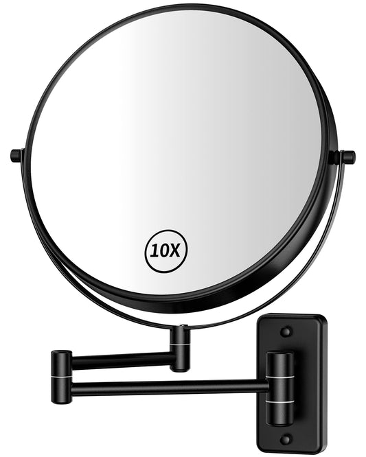 Gospire 9” Wall Mounted Lighted Magnifying Mirror, 1X/10X Magnification Double-Sided LED Bathroom Mirror, 3 Color Lights & Stepless Dimming with Touch Sensor, Extendable Arm 360° Swivel for Shaving