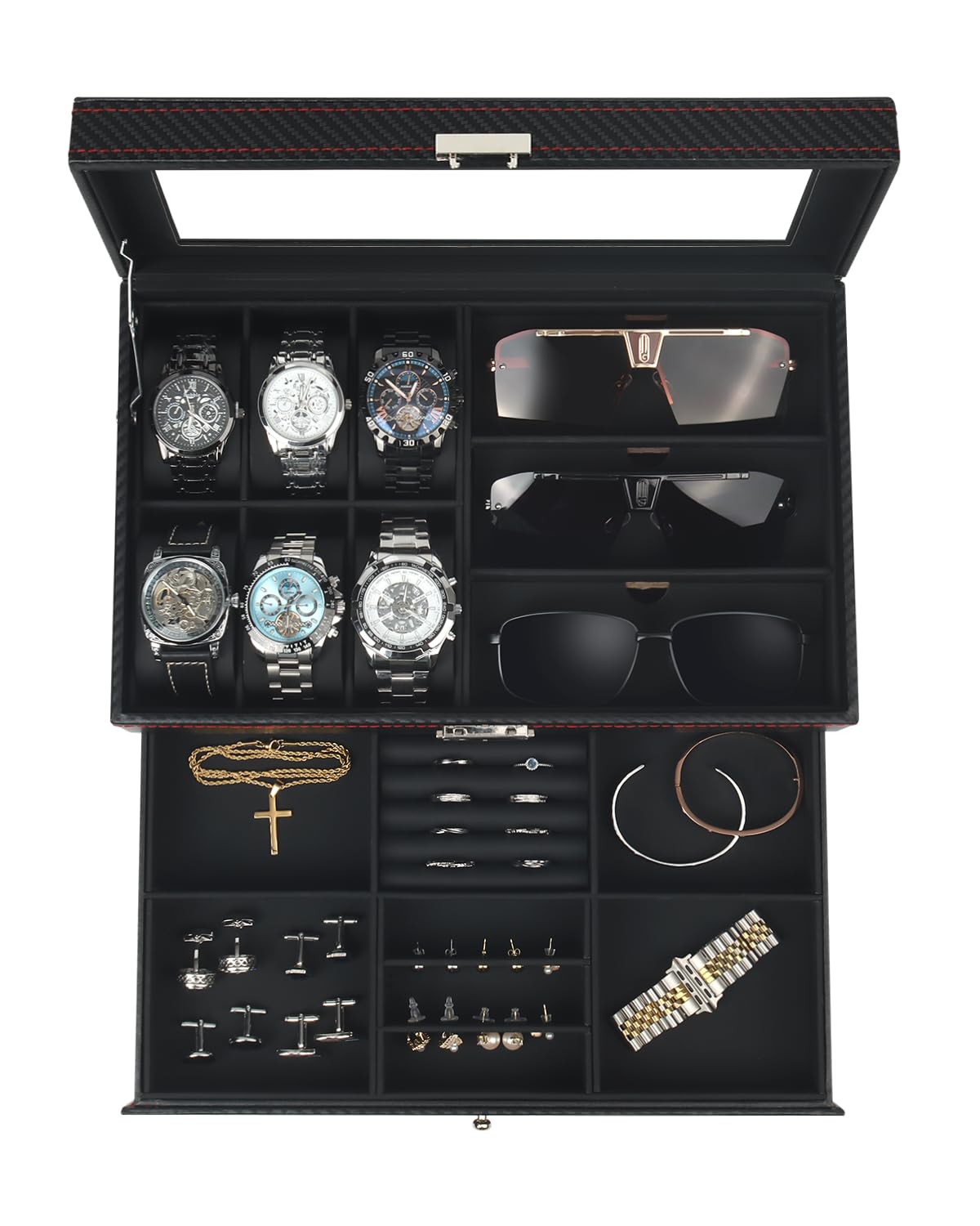 Kukikan Watch Jewelry Box Organizer, 6-Slot 2-Layer Watch Case and Sunglasses Storage with Large Glass Lid, Men's Jewelry Box with Lock, Watch Holder Display Case, Gift for Men Women