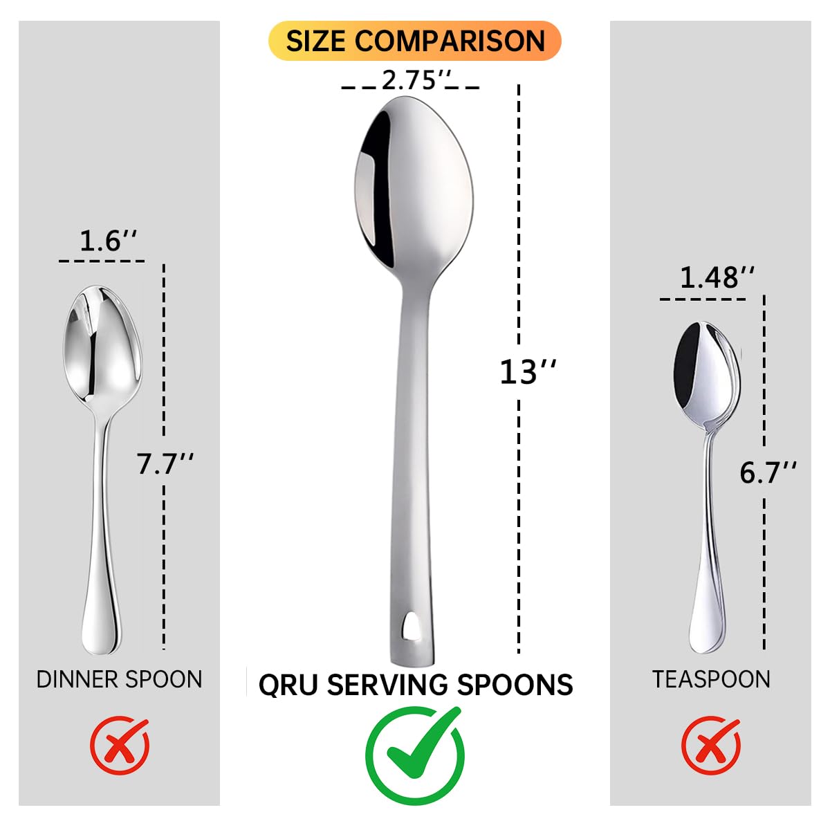 13-Inch Large Stainless Steel Serving Spoons Set, Long Handle Buffet Utensils, Dishwasher Safe (Silver, 8 piece)