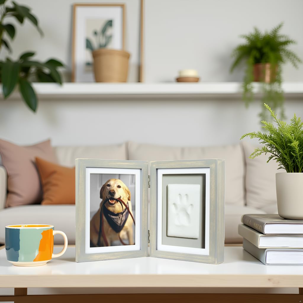 Pearhead Pet Paw Print Photo Frame with Clay Imprint Kit - Wooden Photo Frame, DIY No-Mess Pawprint Keepsake, Perfect for Cats & Dogs, Ideal Memorial and Home Decor Gift, Distressed Gray