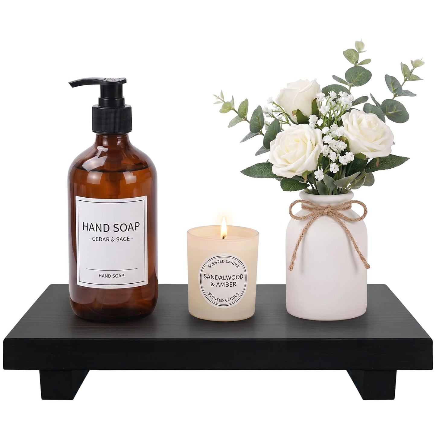 Black Bathroom Vanity Counter Tray Decor Farmhouse Wood Risers Kitchen Soap Sink Tray for Countertop Decorative Hand Soap Dispenser Holder Wooden Pedestal Stand Modern Bathroom Organizer Accessories