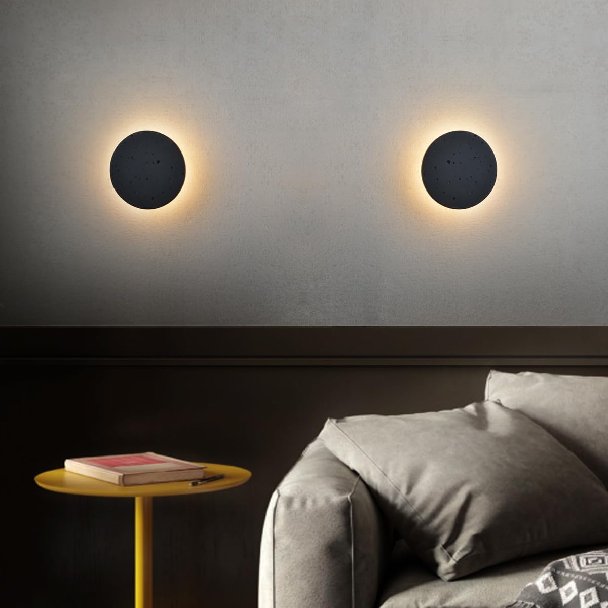 Black Wall Sconce Indoor,Hallway Sconces Wall Lighting Round,Led Cement Wall Lamp Hardwired,Minimalist Wall Mount Light Flat Design,Modern Sconces Lighting for Bedroom,Living Room,12w 3000k,Warm White
