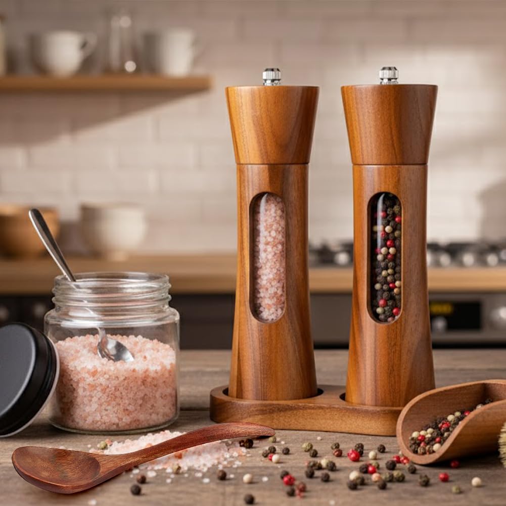 2Pack Wooden Salt and Pepper Grinder Set, 8-Inch Refillable Manual Salt and Pepper Mills with Clear View Window, Wood Shakers with Ceramic Grinder & Wooden Stand, Adjustable Coarseness