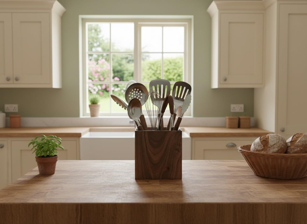 IVE Design Walnut Utensil Holder for Kitchen Wood Utensil Crock Wood Utensil Holder