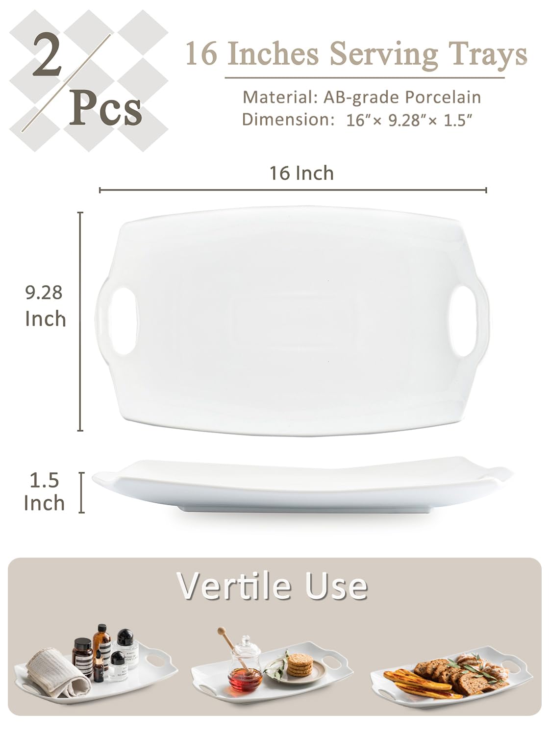 Turkey Serving Platter for Entertainment, Thanksgiving, Turkey, Serving Tray with Handles Large, Party, Display, LYEOBOH 16 inch Rectangle Porcelain Platters Set of 2, White