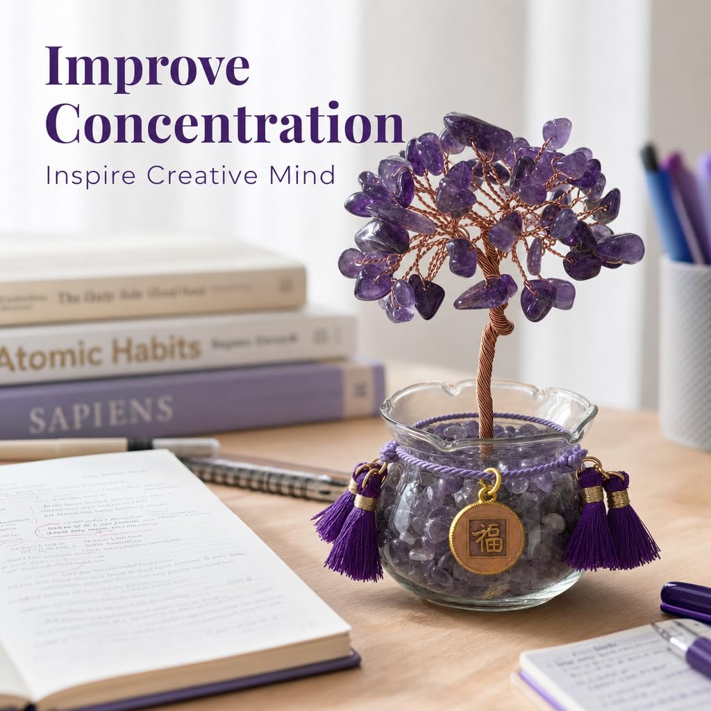 Fatonio Natural Small Amethyst Money Tree Crystal, Handmade Crystal Feng Shui Decor, Positive Energy Wealth Luck Statue Crystal Tree for Home Office Shop Cashier, Ideal Lucky Gift for Women Friends