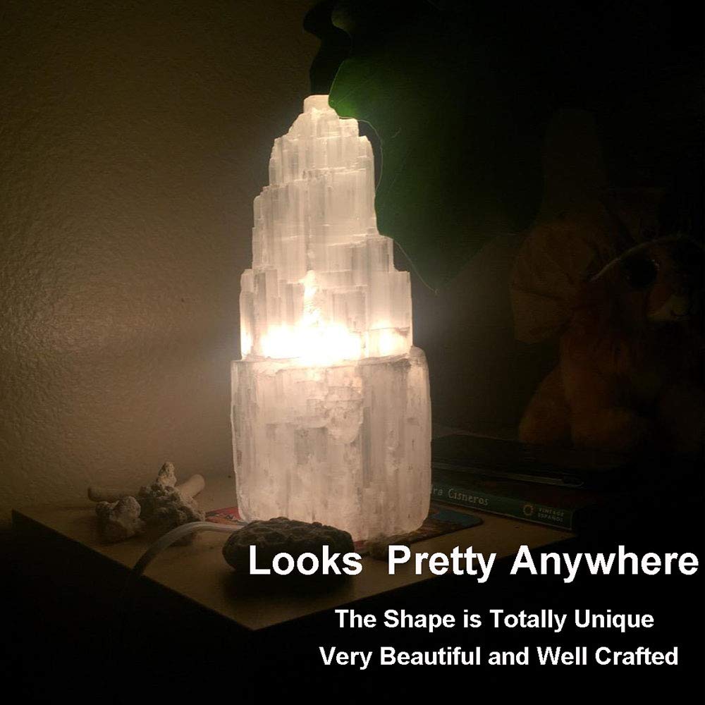 JIC Gem Natural Selenite Lamp 8" White Selenite Crystal Rock Tower Lamp with Switch Cord and LED Bulb