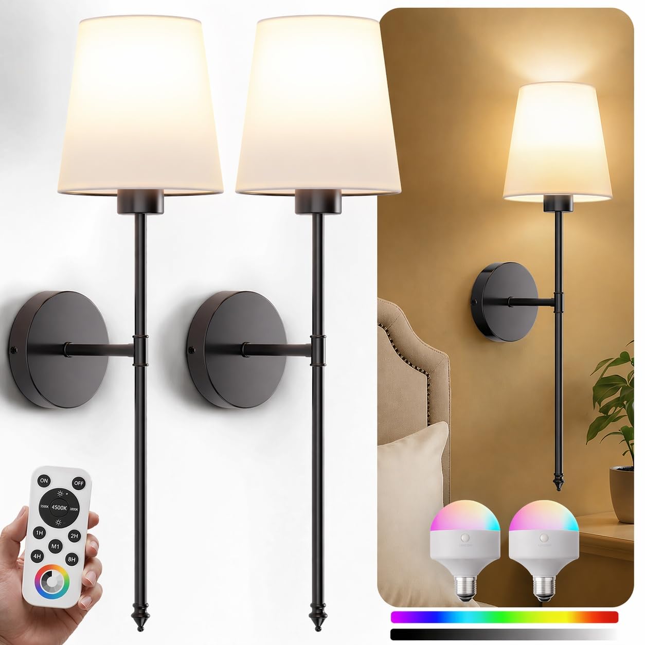 IRONPAX Wall Sconces Battery Operated Set of 2, Wireless Rechargeable Wall Sconce Set of Two, Dimmable Wall Lights with Remote for Bedroom Living Room Hallway Decor (Black, Fabric Shade)
