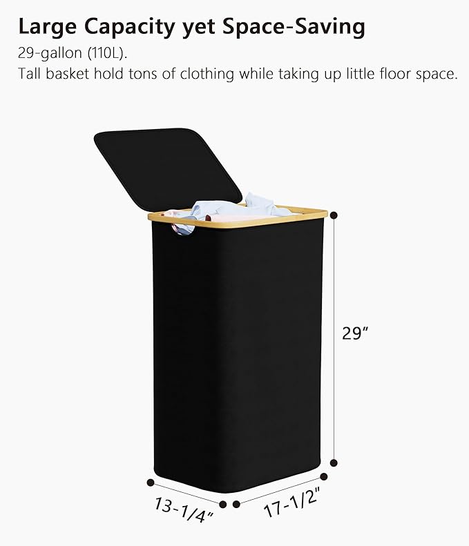 SUOCO Laundry Basket with Lid, 29 Gal Clothes Hamper with Bamboo Handles
