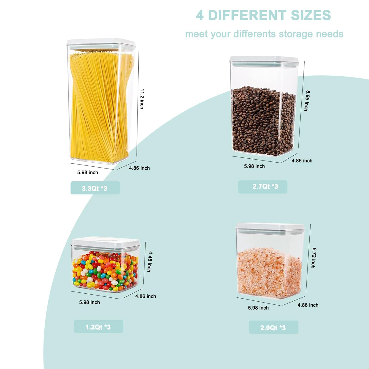 Cozey Daily Pop Containers with Lids - Stackable Airtight Food Storage, Kitchen Pantry Storage Containers for Snacks Candy Salt Herbs Spices BPA-Free (12PCS (1.2 + 2.0 + 2.7 + 3.3 Qt) * 3)