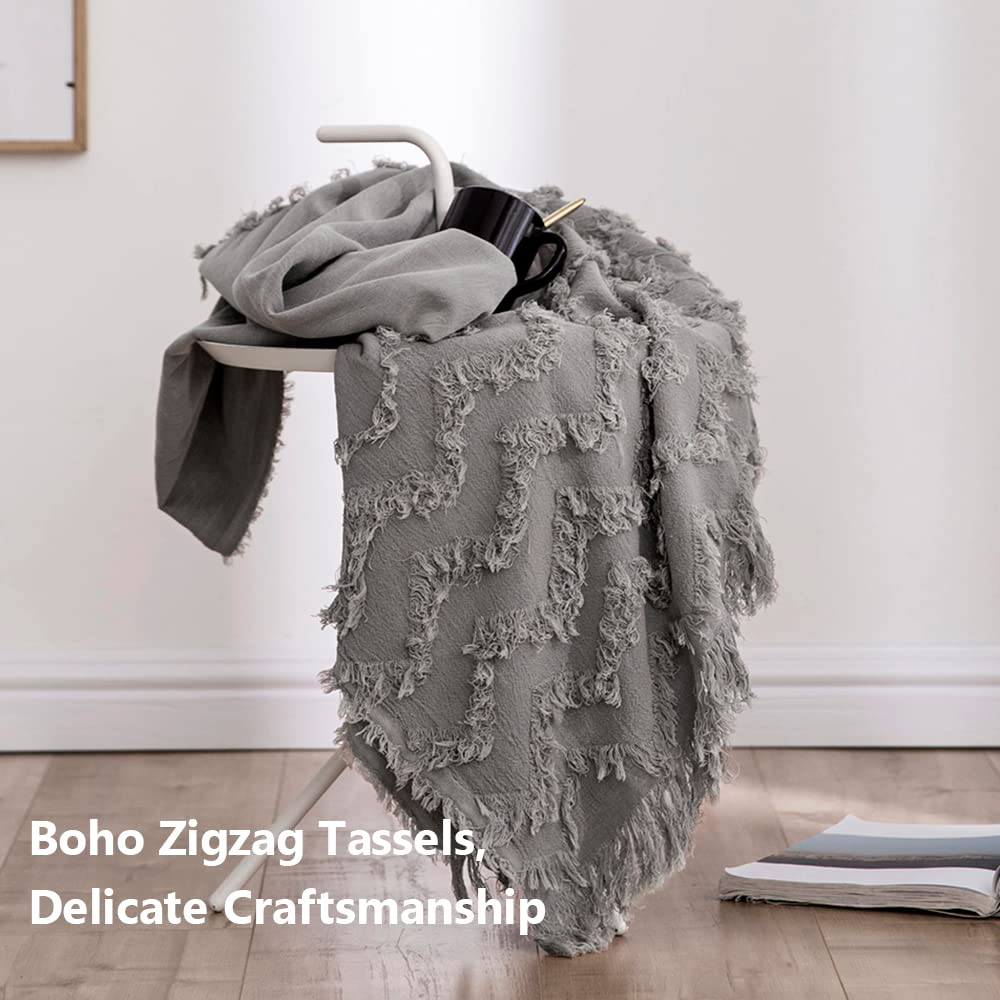 Simple&Opulence 100% Cotton Throw Blanket for Bed, Couch, Tufted Zigzag Knit Woven Boho Blanket with Tassels Soft Lightweight Breathable Cozy Blanket Farmhouse Decoration for All-Season(Grey)