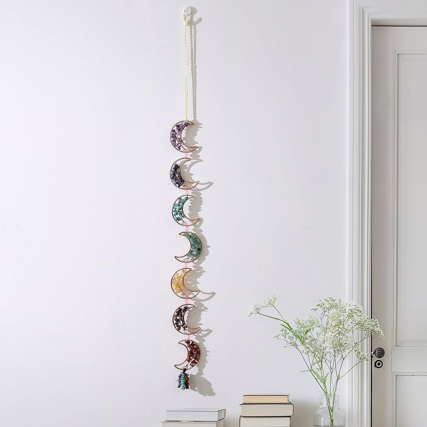 7 Chakra Healing Crystals Hanging Ornament，Handmade Tree of Life Chakra Stones Moon Natrual Gemstones Wall Hanging Ornaments for Home Decor Yoga Meditation(7 Moon Crystal Tree)