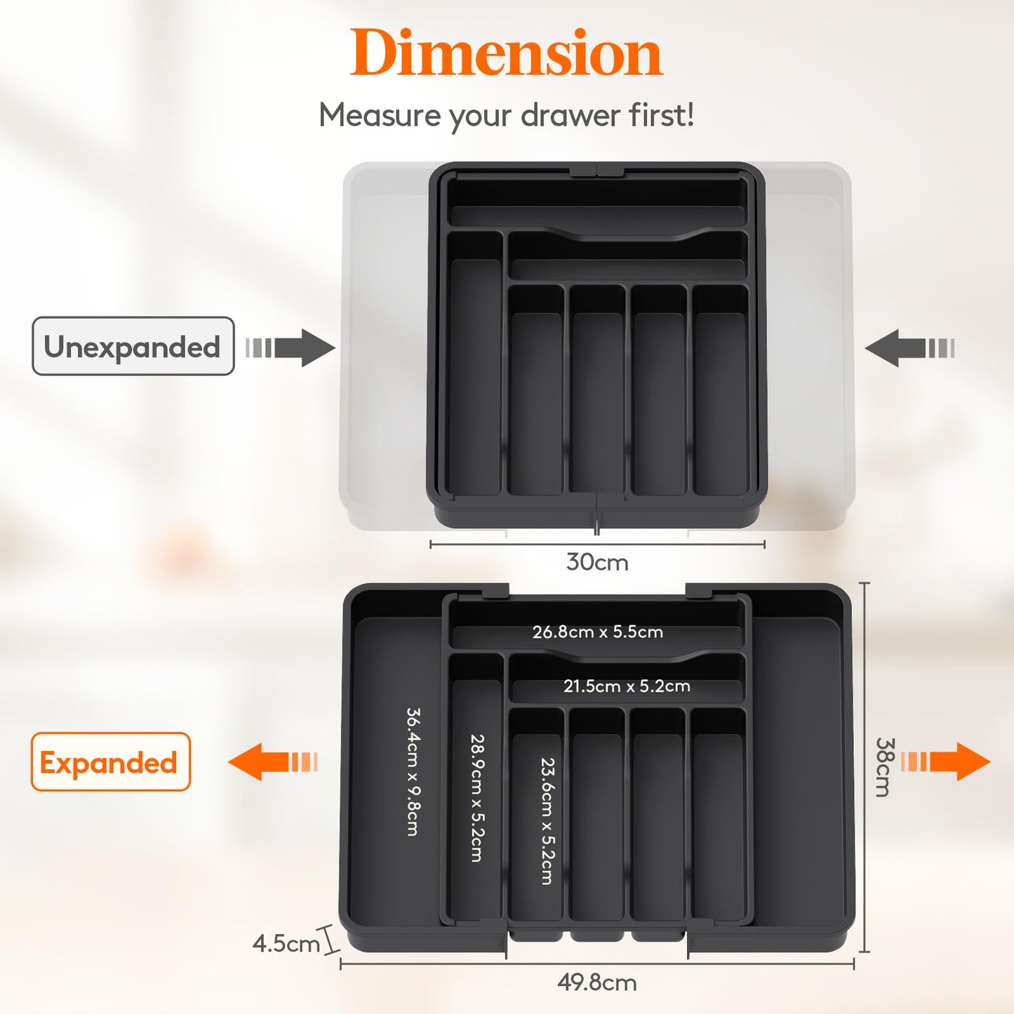 Lifewit Expandable Cutlery Drawer Organiser, Adjustable Cutlery Tray, 9 Compartment, Utensil Holder for Forks, Spoons, Knives, Plastic Kitchen Organiser and Storage, Black