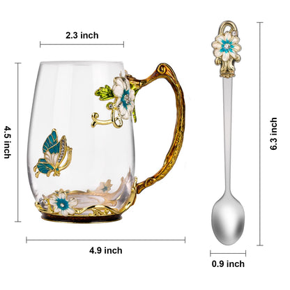 OEAGO Birthday Gifts for Women Mom Glass Coffee Enamels Mug Best Mothers Day Butterfly Gifts for Her from Daughter Son Lead-Free Christmas Tea Cup with Spoon Sets
