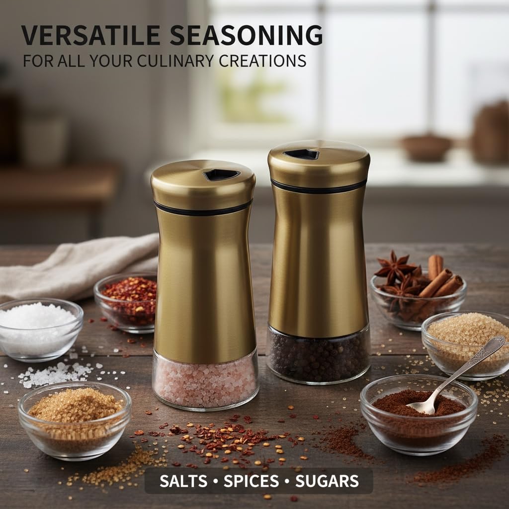 Elegant Gold Salt and Pepper Shaker Set Adjustable Pour Holes Stainless Steel and Glass Modern Design Adjustable Top Makes it the ideal Spice and Seasoning Dispenser Kitchen Sugar and Cinnamon Shakers