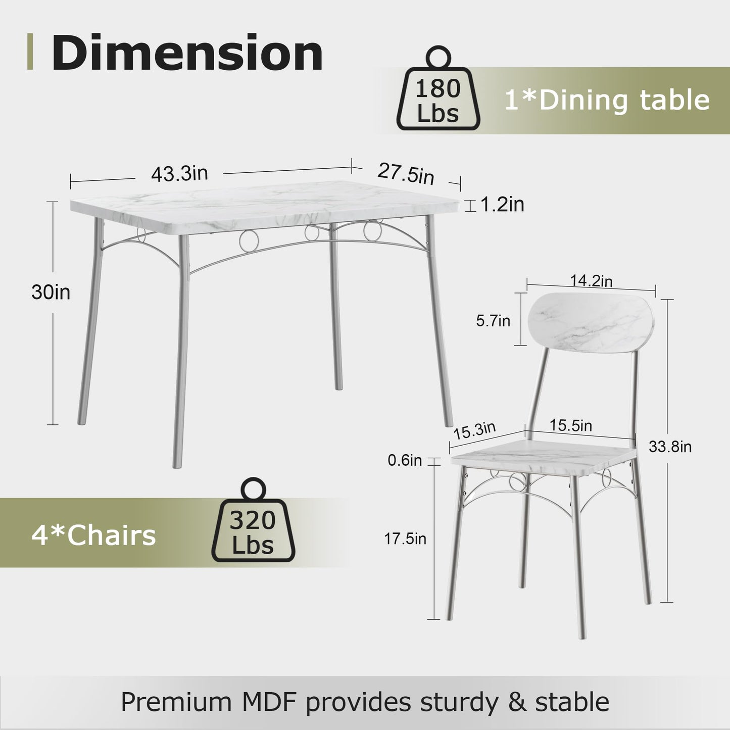VECELO Dining Table Set for 4, 5-Piece Kitchen Table with 4 Chairs, MDF Board Tabletop with Metal Frame for Small Space, Compact Dinette, Breakfast Nook, Marble White