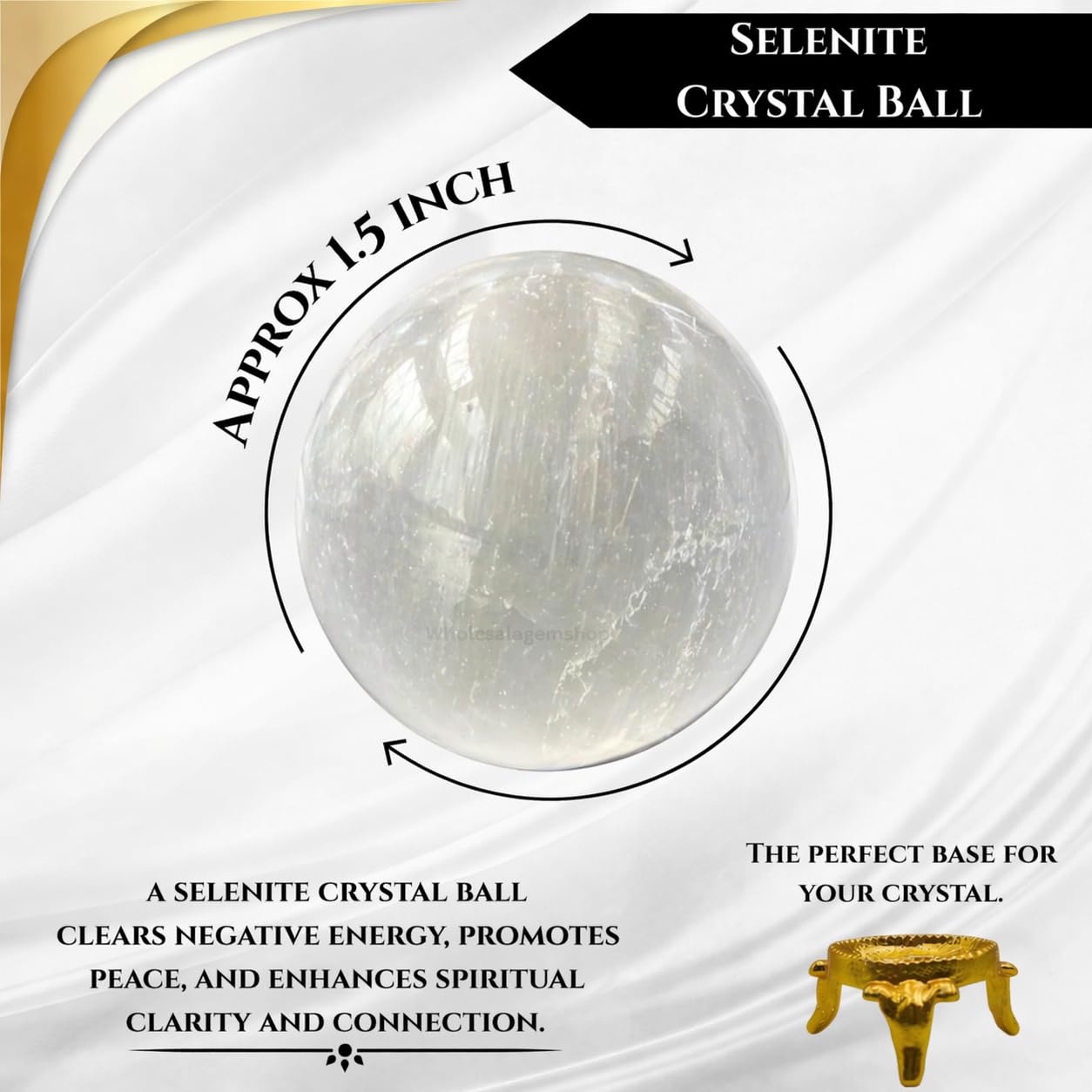 Wholesale Gem Shop Natural Selenite 40-45 mm Ball Sphere Gemstone A+ Hand Carved Crystal Altar Healing Devotional Focus Spiritual Chakra Cleansing Metaphysical Gift for Men Women with Stand