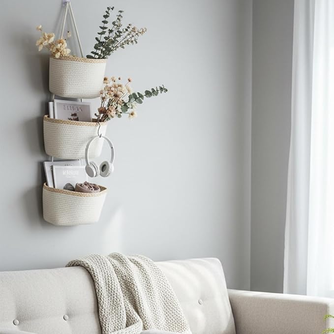 TeoKJ Over the Door Hanging Basket, 3-Tier Woven Cotton Wall-Mounted Storage