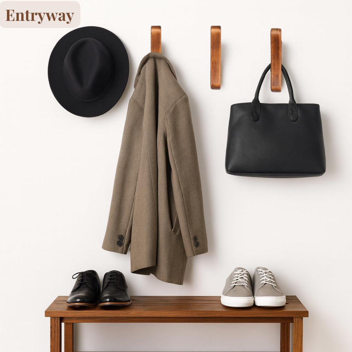 LAMGOMIN Wood Wall Hooks, Rustic Wood Coat Hooks, Minimalist Hat, Backpack, Jacket, Towel Hangers, Decorative Mounted Pegs, Durable Wall Hooks for Entryway, Bathroom and Kitchen (Brown V2, 4 Pack)