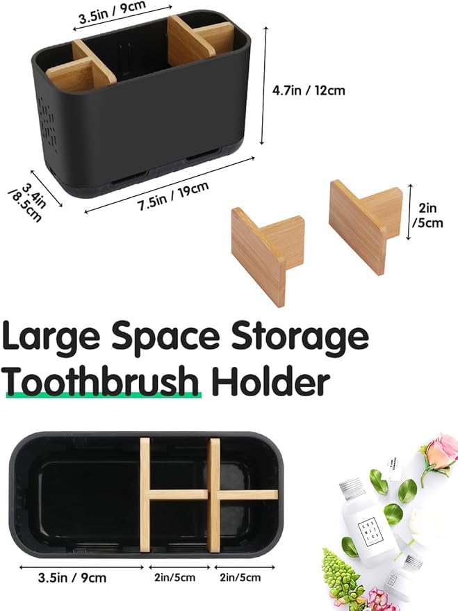 Black Toothbrush Holder, Bamboo Toothbrush and Toothpaste Holder