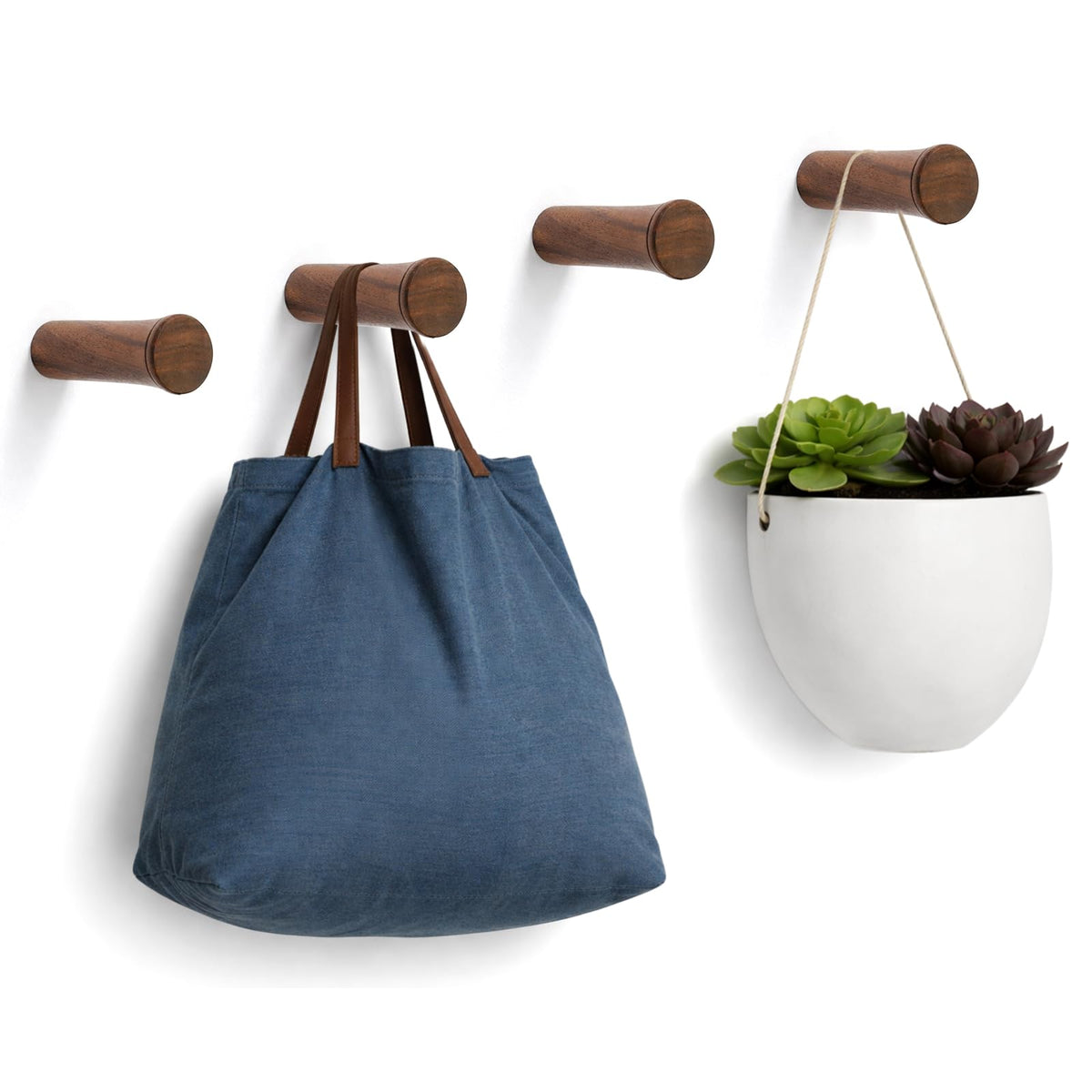 Jetec 4 Pack Wood Wall Hooks 3" Large Wooden Coat Hook Solid Walnut Hat Pegs Wall Mounted Heavy Duty Brown Towel Hangers Rustic Entryway Organizer Large Racks for Hanging Clothes Bag Potted Plants