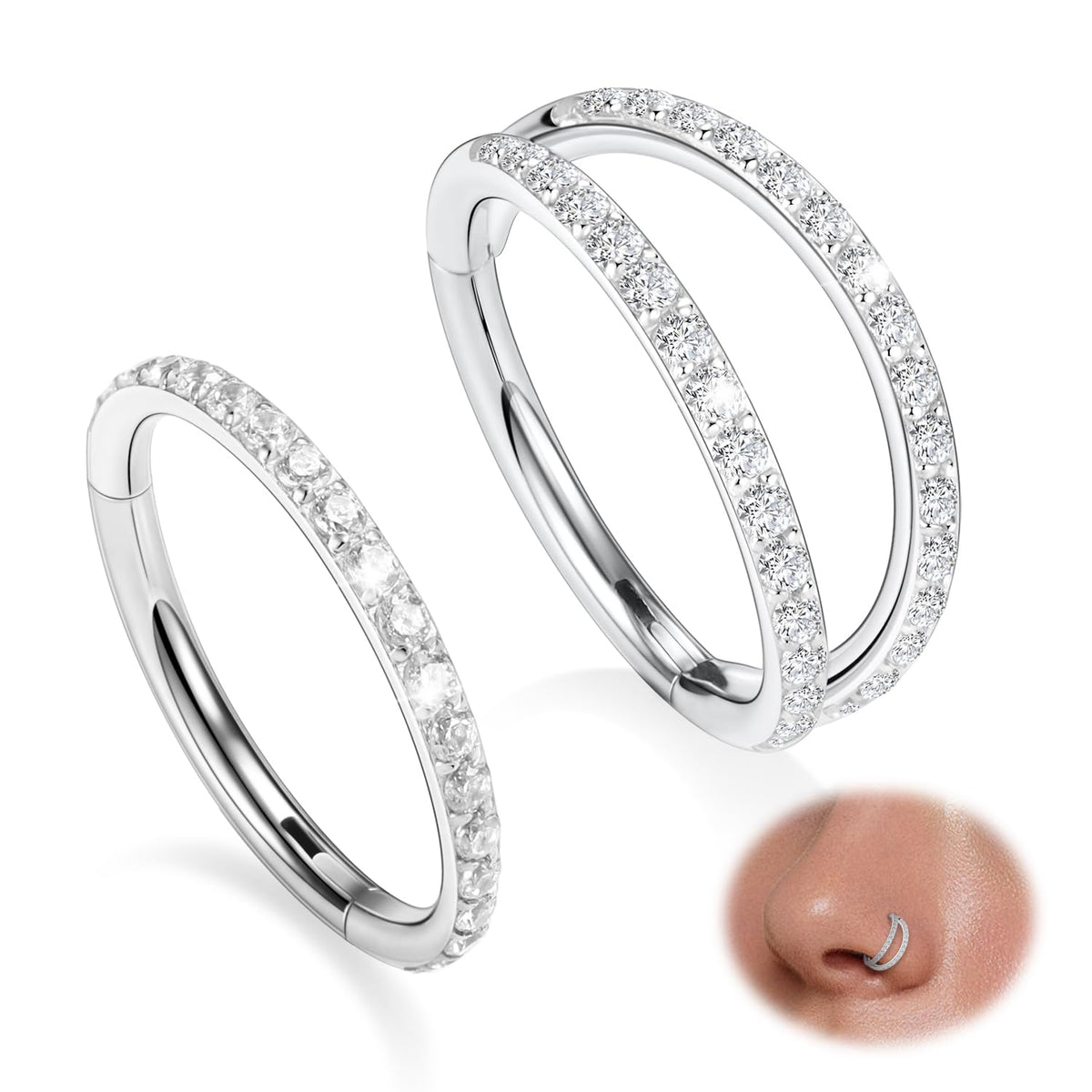 Double Hoop Conch Piercing Jewelry Septum Ring Silver Septum Jewelry Seamless 18 Gauge Nose Ring Hoop 18g Cartilage Earring with CZ Lip Rings 8mm Nose Hoop Surgical Steel Helix Earrings