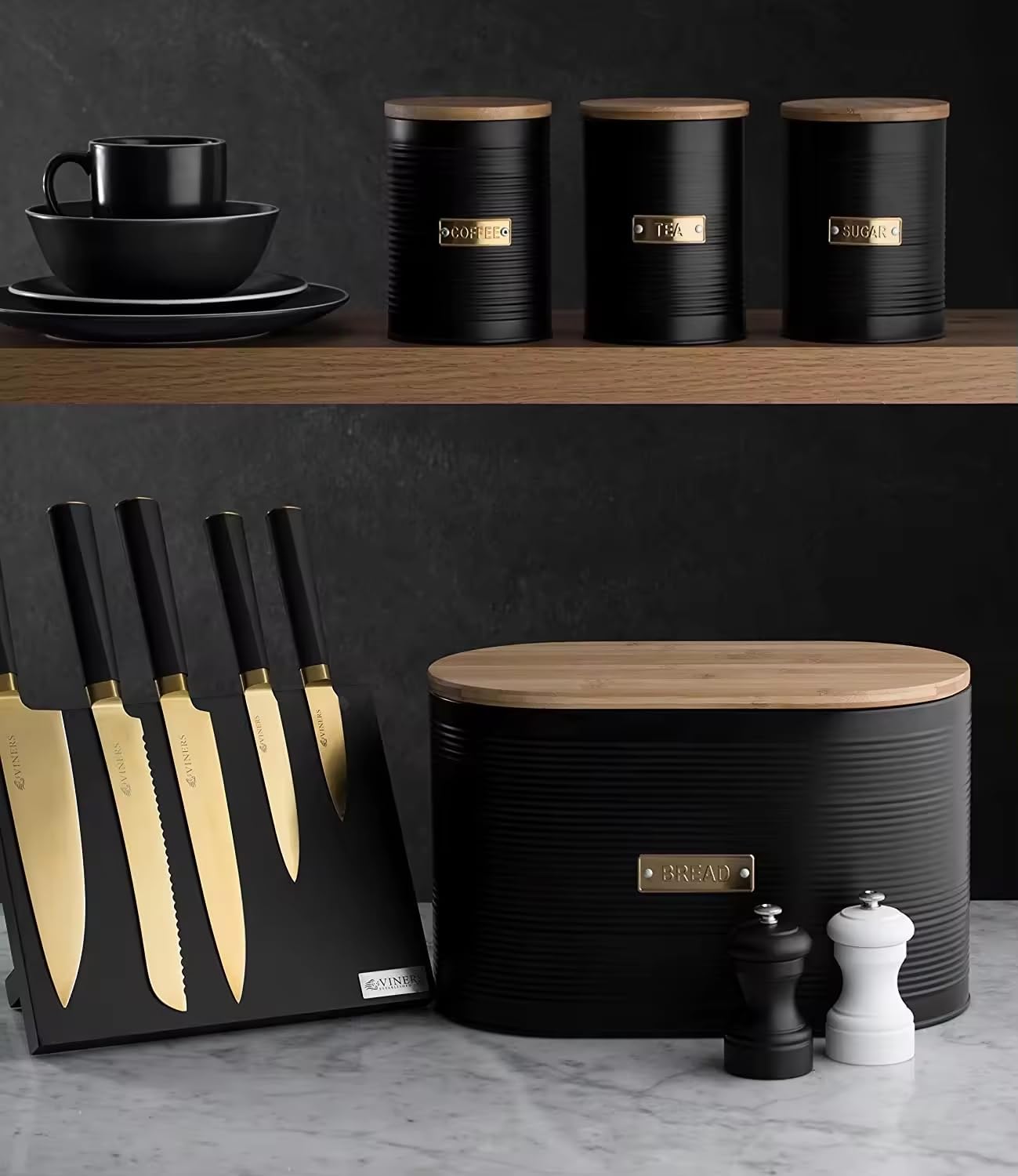 Black Metal Canisters with Wooden Lids – Set of 4 Airtight Storage Tins for Coffee, Tea, Sugar & More – Modern Ribbed Kitchen Containers with Brass Labels