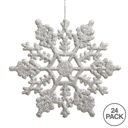 Vickerman 4" Silver Glitter Snowflake Ornament Set - Sparkly Shatterproof Snowflakes with Matching Glitter Accents and Nylon Hanging String (24 Snowflakes per Box)
