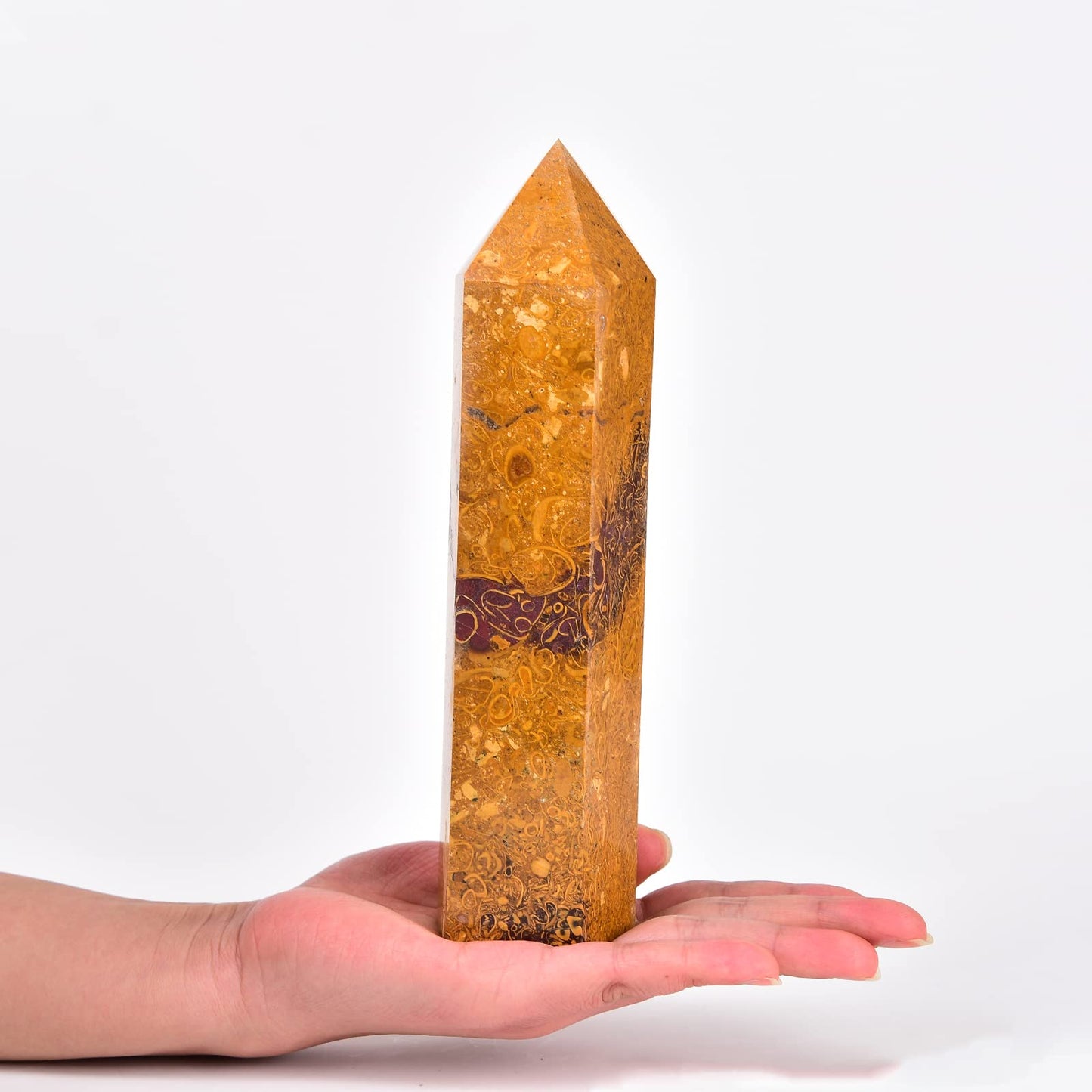 JIC Gem Nature Crystal Obelisk Towers Wand Golden Jade 6 Faceted Column Healing Crystal Wand for Home Decor Meditation Reiki Healing 1.8-2.2 LBS