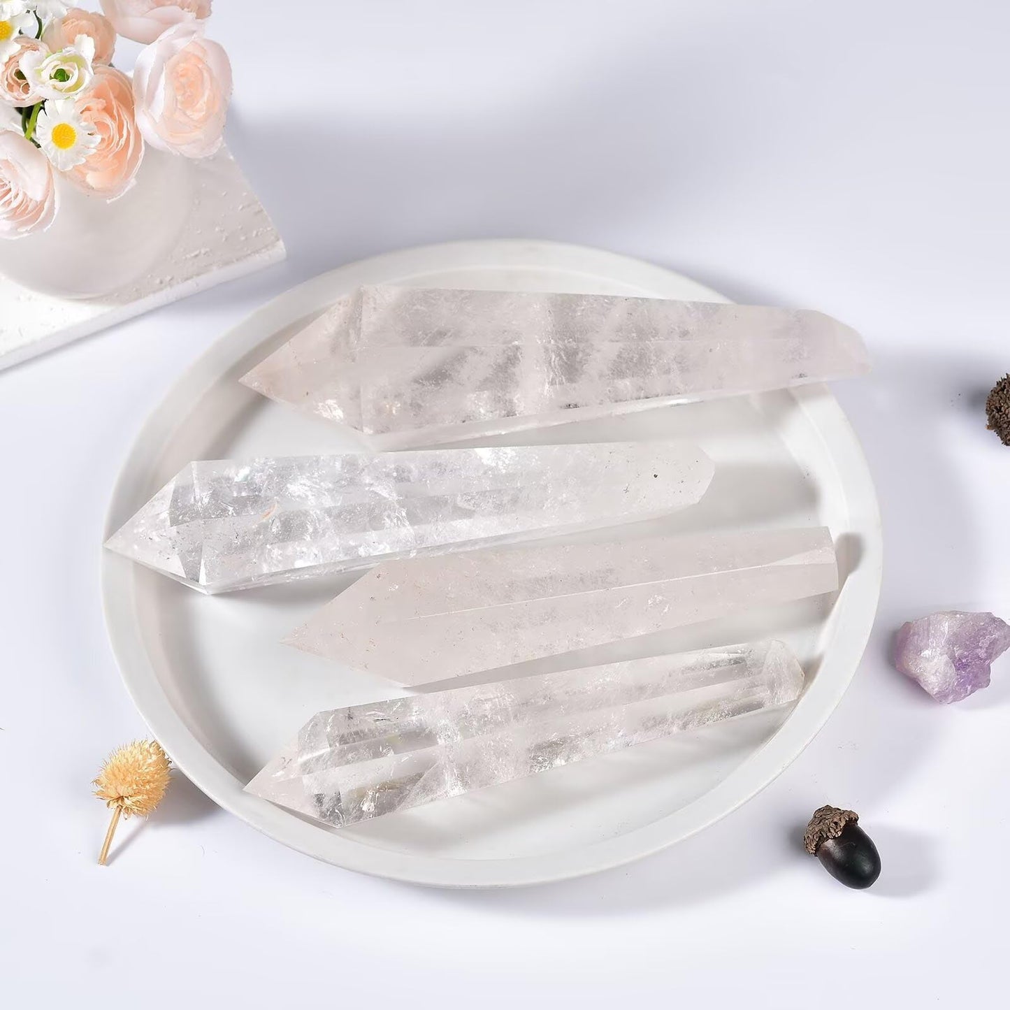 White Crystal Wand Point Long Healing Crystal Scepter Decorative Stone Reiki Meditation with Display Stand Home Office Decor 0.6-0.8LBS
