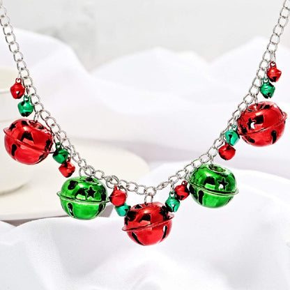 NewZenro Silver Red Green Christmas Jingle Bell Cute Ornament Long Chain Dangle Earrings Bracelets Necklaces for Women Hook Stocking Stuffers Hypoallergenic Party Jewelry Gifts for Daughter BFF Set