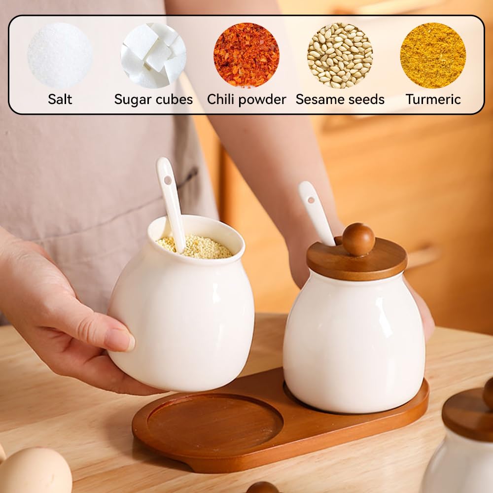 ANQIA Porcelain Condiment Jar Set Spice Jars with Wooden Lids and Tray Ceramic Spice Container with Spoons for Sugar, Salt,Tea, Spices, Coffee (Set of 2)