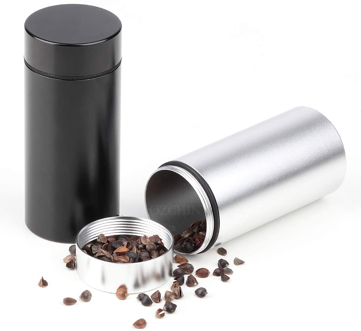 OZCHIN Aluminum Storage Jar Portable Airtight Smell Proof Container Bottle Multipurpose Storage Container for Spices, Coffee & Teas 80ml (Silver&Black)