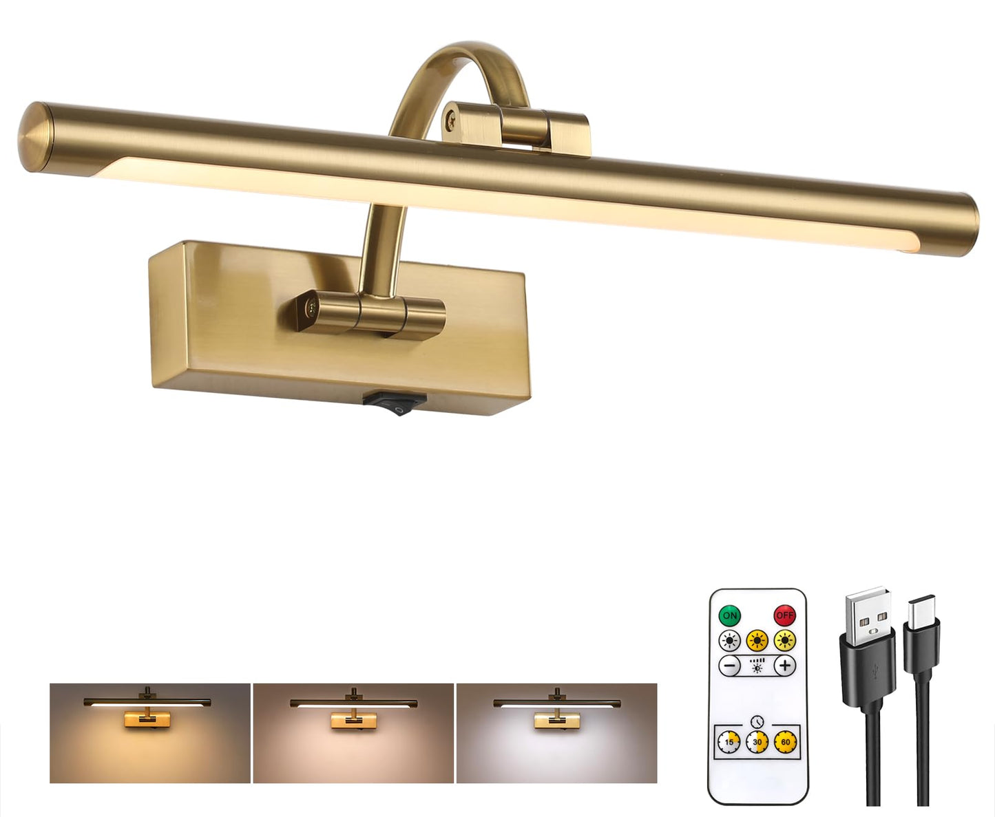 Tassuowell Wireless Picture Lights for Wall Rechargeable, Battery Operated Art Light for Paintings, 3CCT Dimmable, 15.7" Brass Finish with Remote, Rotatable Gallery Light for Pictures Display