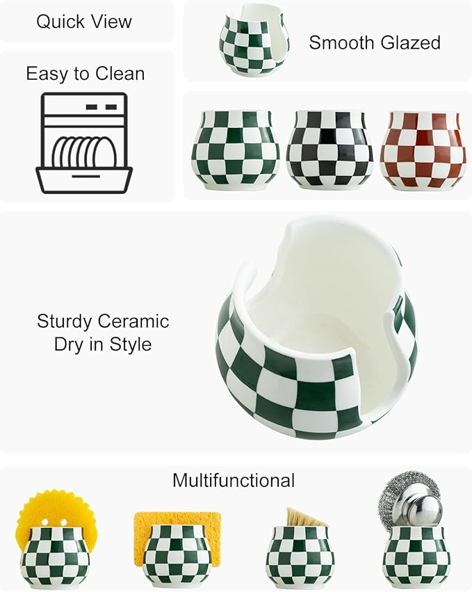 Kitchen Sponge Holder, Ceramic Sponge Organizer Checkered Scrubby Holder Sink