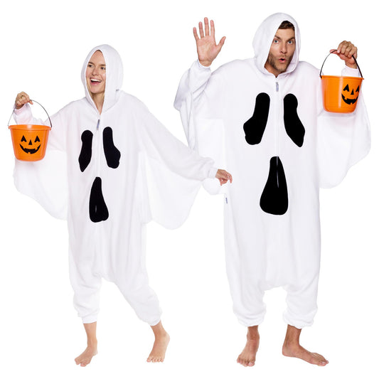 FUNZIEZ! Ghost Costume Pajamas - One Piece Jumpsuit For Adults (White, Medium)