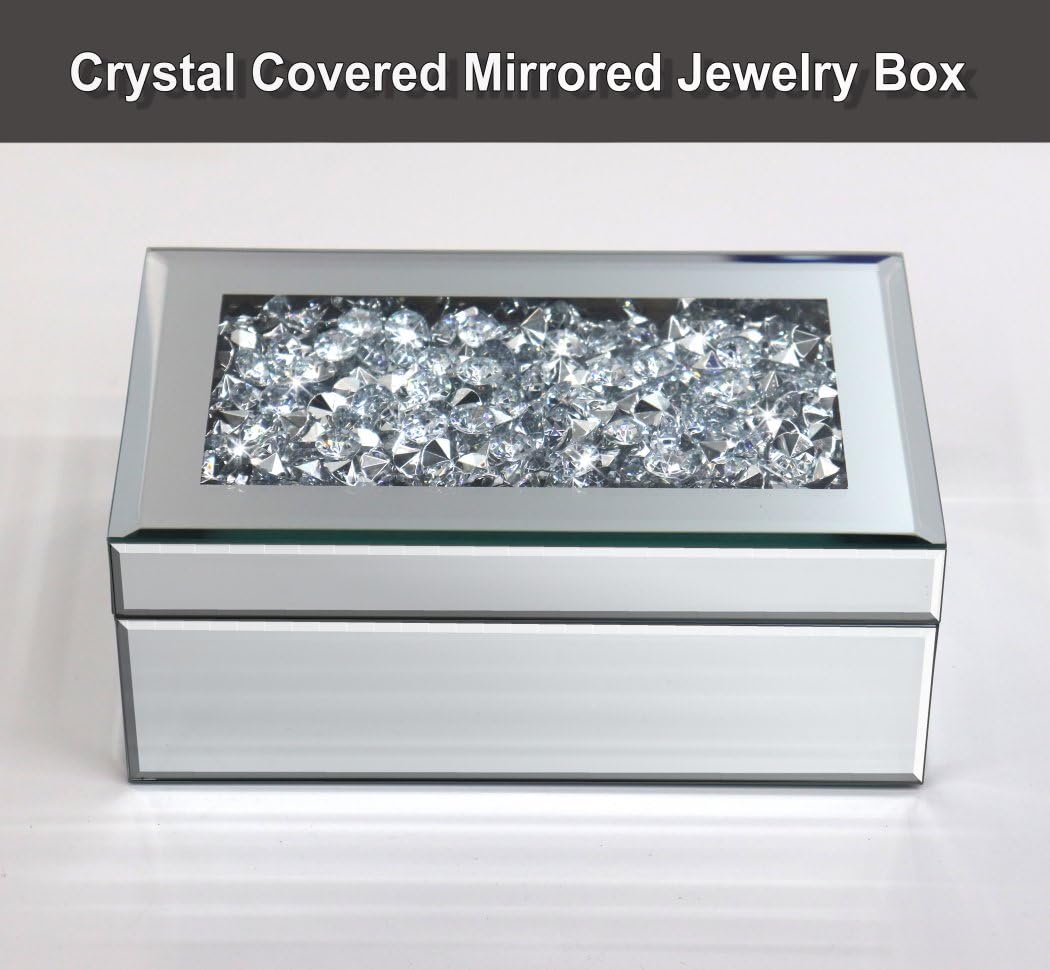 Luxury Silver Crushed Diamond Glass Mirrored Jewelry Organizer Box Storage