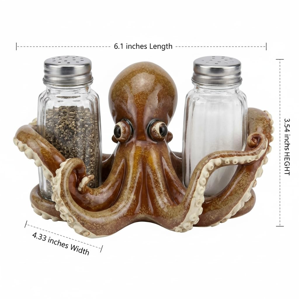 Comfy Hour Decorative Octopus Salt and Pepper Shaker Duo, Artisan Crafted Coastal Sea Life Figurine Holder for Kitchen Tabletop, Includes 2-Count Glass Bottles, 6.1"L x 4.3"W x 3.5"H, Brown Resin