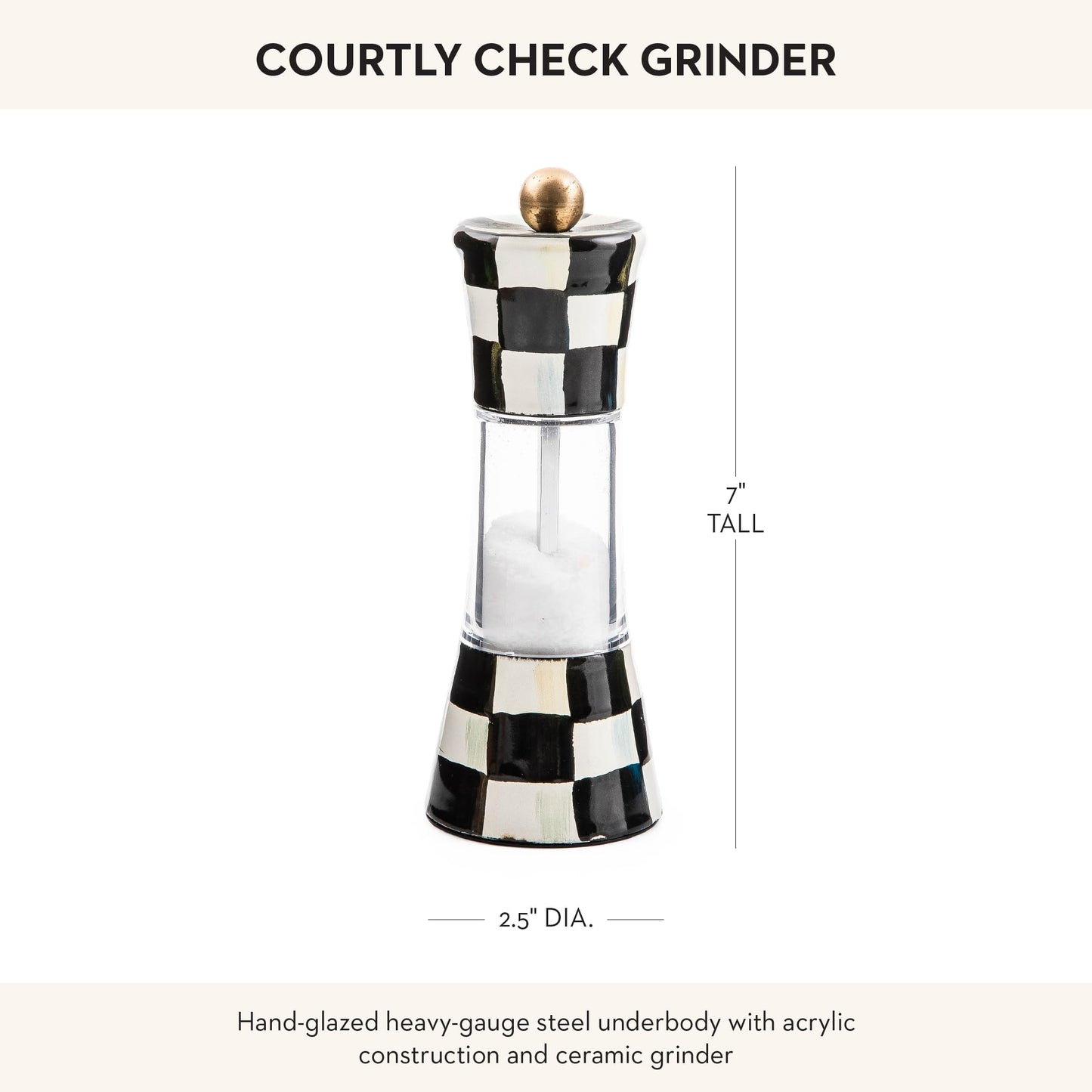MACKENZIE-CHILDS Enamel Grinder, Refillable Manual Salt Grinder and Pepper Grinder, Black-and-White Courtly Check