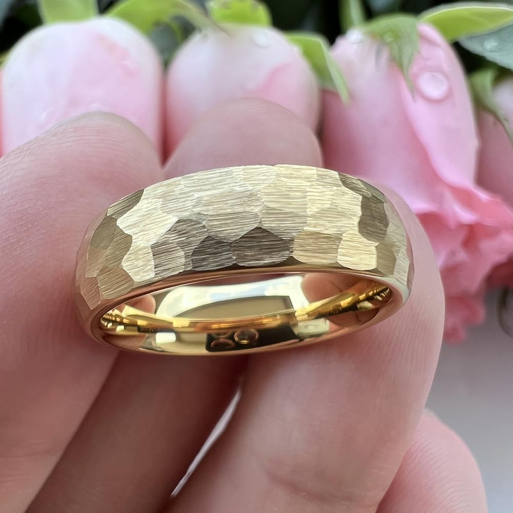 TUTISS 6mm Gold Hammered Tungsten Rings for Men Women Engagement Wedding Bands Domed I Love You Engraved Comfort Fit Size 5