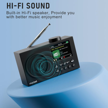 Mycket DAB Radio Portable, DAB Plus Digital Radios with Bluetooth, USB Rechargeable FM Radios, Battery Powered Small Radio,Dual Alarms Clock,Sleep Timer, 40 Presets Stations, 2.4" Large Colour Display