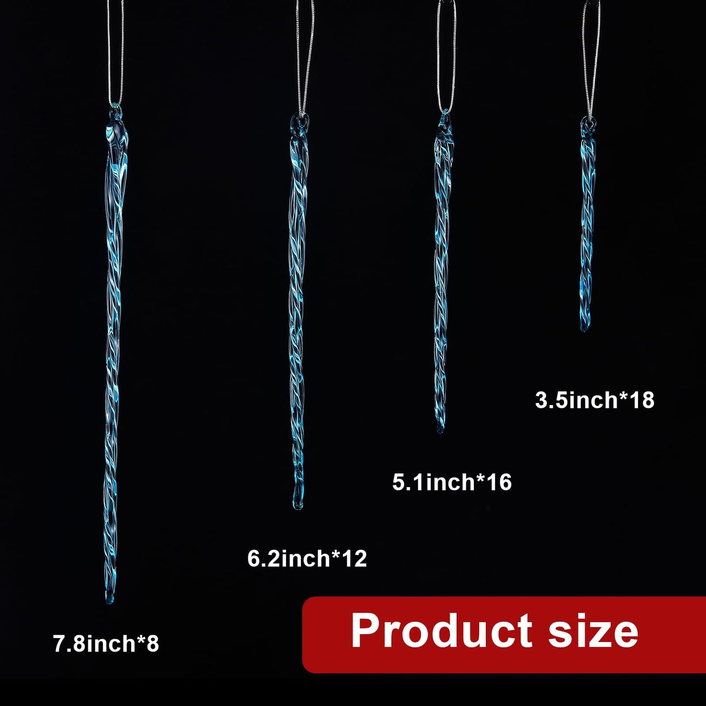 Boao Glass Icicle 3.5-7.8 Inch Twisted Glass Icicle Christmas Ornaments Hanging Decorations(Light Blue,54 Pcs)