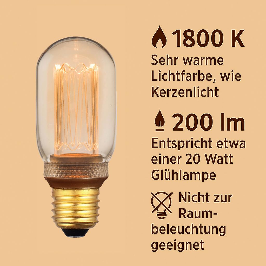 greenandco Vintage Design LED Bulb for Mood Lighting | E27 T45 | Amber | 4W 200lm | 1800K Extra Warm White | 320° | 230V | Flicker-Free | Non-dimmable | Edison Bulb