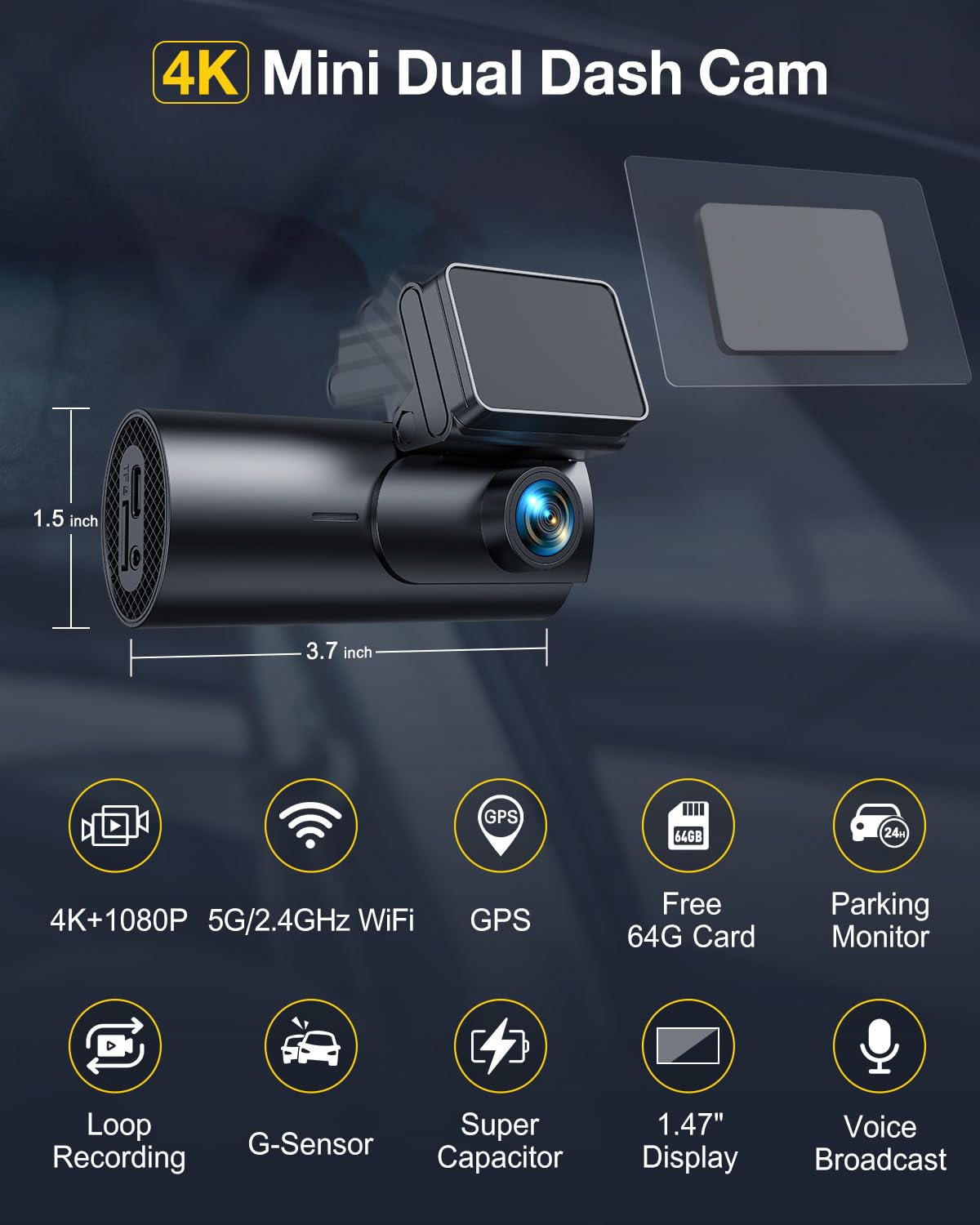GKU 4K Dash Cam Front and Rear, 5GHz WiFi GPS, Dual Car Camera, 1.5” IPS Mini Dashcam for Cars with 64GB SD Card, 24H Parking Mode, Night Vision, WDR, 170° Wide Angle, G-Sensor, App Control, Max 256GB
